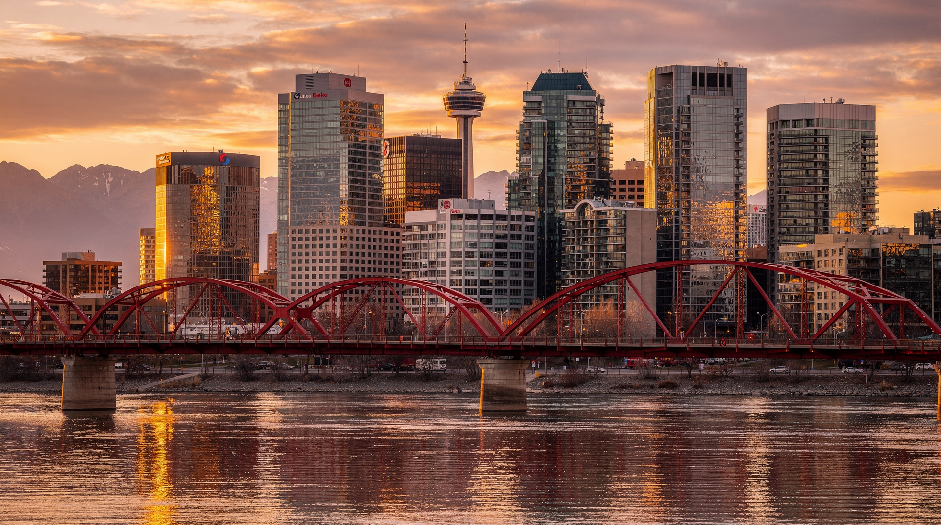 Calgary skyline with Bow River foreground.